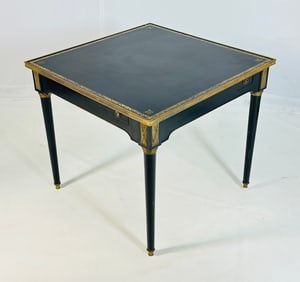 Antique Italian Game Table With Ebonized Frame, Leather Top & Bronze Accents