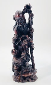 Antique Chinese Carved Wood Sculpture, God Of Longevity, Signed