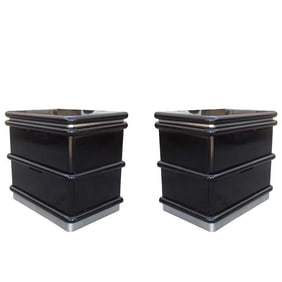 Jay Spectre Nightstands in Black Lacquer & Metal Plinth