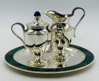 Los Castillo, Tea/Coffee Service Including Tray, Pitcher & Creamer w/ Azurite & Malachite, Mexico