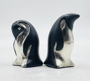 Porcelain & Pure Silver Penguin Sculptures by Emilia Castillo, Signed