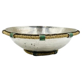 Vintage Emilia Castillo Silver Bowl With Rope & Malachite Accents, Mexico 1990's