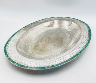 Extra Large Silver Plated Serving Bowl With Stone Inlay by Emilia Castillo, Hand Signed  24x17