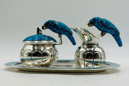 Tea Service With Parrot Sculptures & Stone Inlay by Los Fajardo, Mexico 1980s