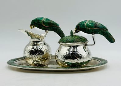 Tea Service With Parrot Sculptures & Stone Inlay by Los Fajardo, Mexico 1980s