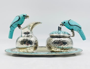 Cream Pitcher, Lidded Sugar Pot & Tray With Parrot Handles by Los Fajardo