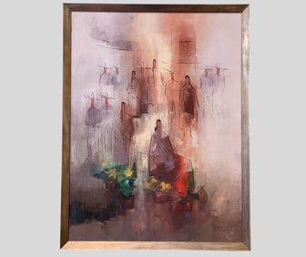 "Las Vendedoras de Flores" Oil on Canvas by Juan Noguez (Mexico 20th Century)