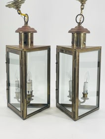 Pair of Vintage Brass & Glass Pendant Lights
