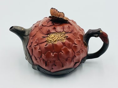 Chinese Yixing green with brown-clay Lotus & Butterfly Teapot