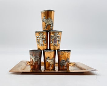 Sterling and Copper Tray & Shot Glasses by Cony for Victoria, Taxco