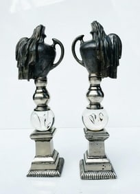 Pair of Cast Metal Urns On Pedestals and Glass Orbs