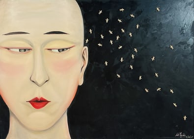 Large Paiting by Sol Aquino titled -Bold-Headed Babies- Signed & Dated 1985