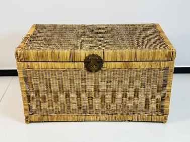 1970s Vintage Wicker Truck Chest with Brass Hardware