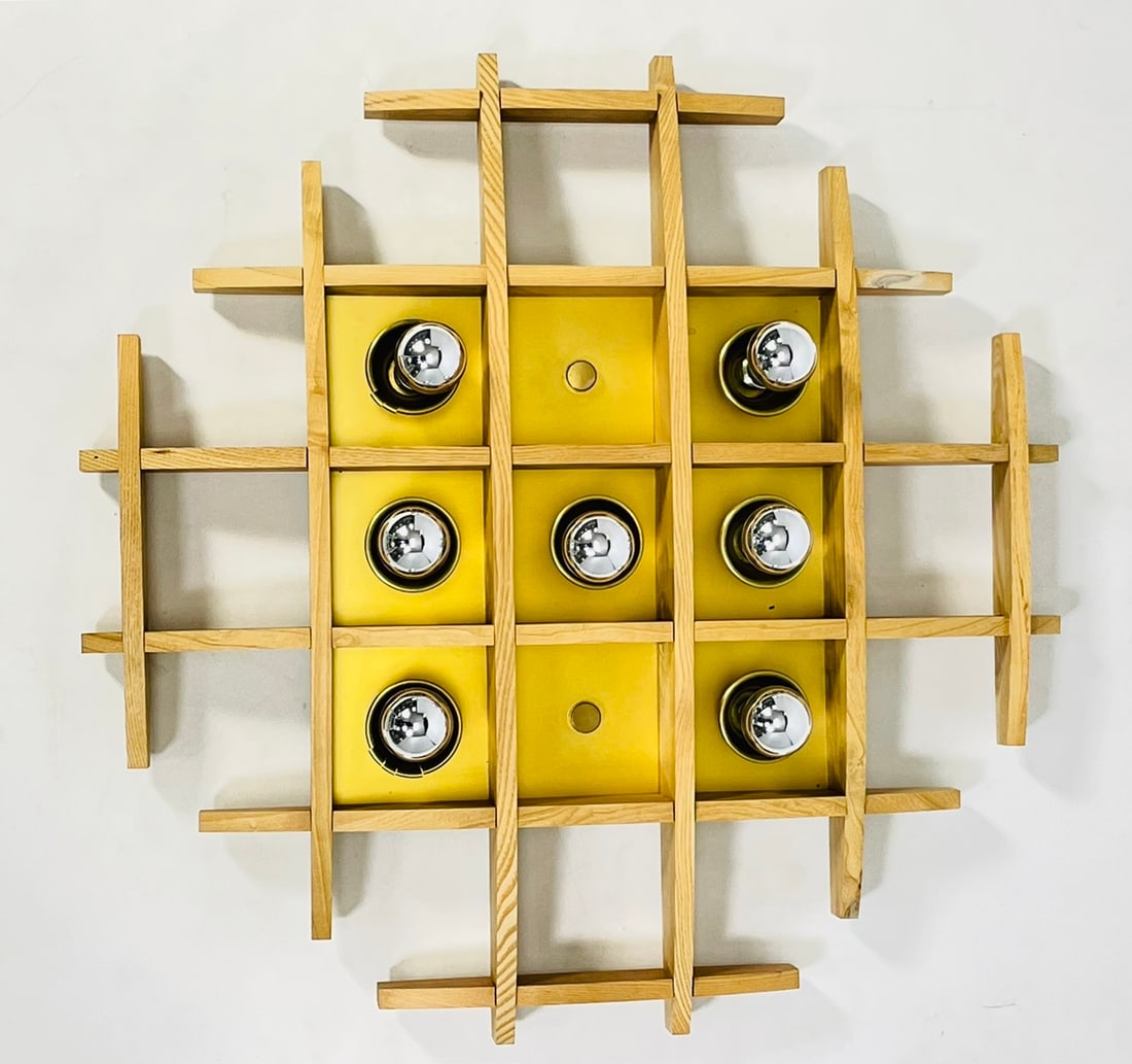 Wood & Brass Tone Ceiling Light by Angelo Brotto, Italy 1960's: Vintage wood and brass tone ceiling light designed and manufactured in Italy by Angelo Brotto.<br><br> Apparently unmarked.<br><br> Measurements: 28.25 inches wide x 28.5 deep