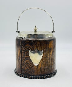 English Cookie Jar With Hand-Painted Porcelain Lining & Silver Plated Accents