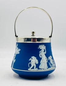 Victorian Wedgwood Blue Jasperware Ice/Cookie Jar With Silver Lid/Handle