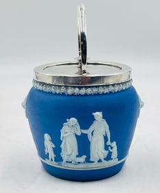 Victorian Wedgwood Blue Jasperware Ice/Cookie Jar With Silver Lid/Handle