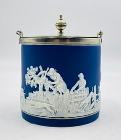 Victorian Blue Jasperware Ice/Cookie Jar With Silver Lid/Handle