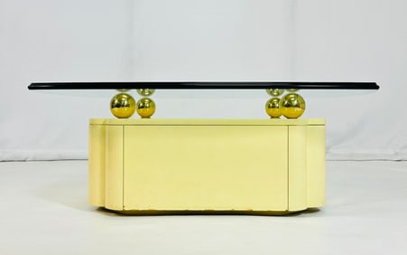 Vintage Coffee Table With Brass Accents & Glass Top after Karl Springer