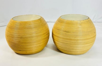 Pair of Pencil Reed & Glass Side Tables in the Style of Gabriella Crespi