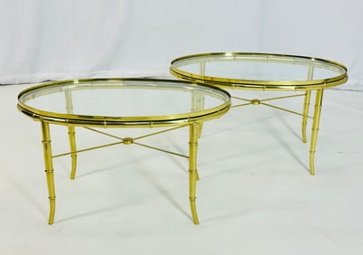 Pair of Faux Bamboo Brass & Glass, Oval Side Tables in the style of Mastercraft