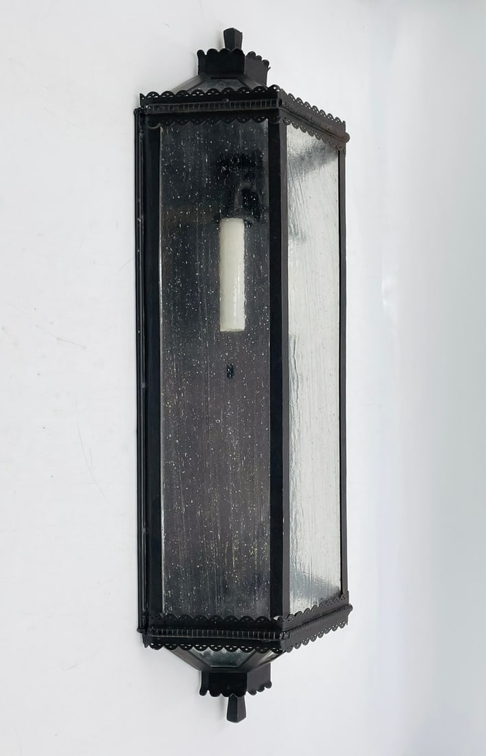 Wrought Iron & Glass Wall Sconce by Steven Handelman Studios, Labeled & Dated 22: Wrought iron and glass wall sconce designed and manufactured in the United States by Steven Handelman Studios in 2022. The piece retains the Steven Handelman label and is dated 2022. Measurements: 27