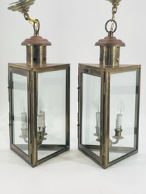 Pair of Vintage Brass & Glass Pendant Lights