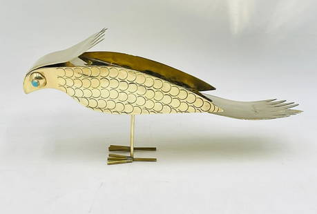 Vintage Brass Bird Sculpture by Oswaldo Guayasamin (Ecuador 1919-1999) Signed: Stunning brass sculpture with turquoise eyes by Ecuadorian sculptor Oswaldo Guayasamin (Ecuador 1919-1999). The piece is signed. Measurements: 11.75 Inches deep x 3 inches wide x 6.50 inches high All