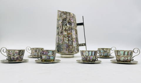 Water Pitcher & 6 Cups & Saucers in Alpaca Silver & Abalone Inlay after Los Castillo, Mexico 1960's (1 of 12)