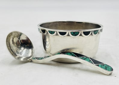 Emilia Castillo Small Bowl & Spoon, Silverplate & Malachite, Mexico 1980's