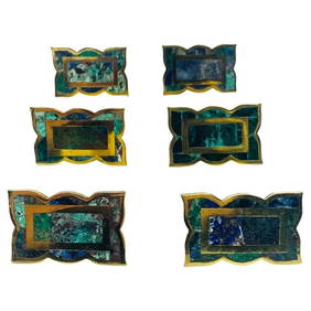 Cabinet Pulls in Brass, Malachite & Azurite Stone inlay by Los Castillo, Mexico 1950s (1 of 15)