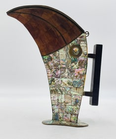 Toucan Water Pitcher in Abalone, Brass & Wood by Jeronimo Fuentes , Taxco 1950's