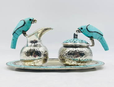 Cream Pitcher, Lidded Sugar Pot & Tray With Parrot Handles by Los Fajardo, Mexico 1970's (1 of 16)