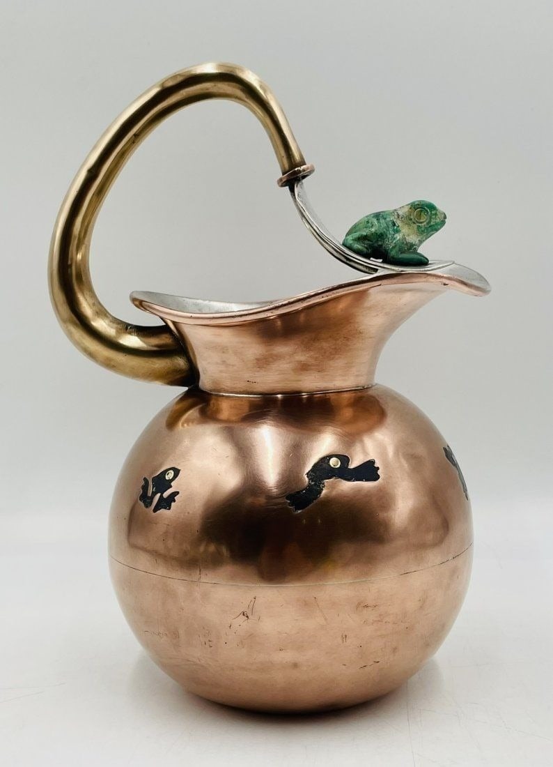 Whimsical Copper & Malachite Water Pitcher by Los Castillo, Mexico 1960s (1 of 16)