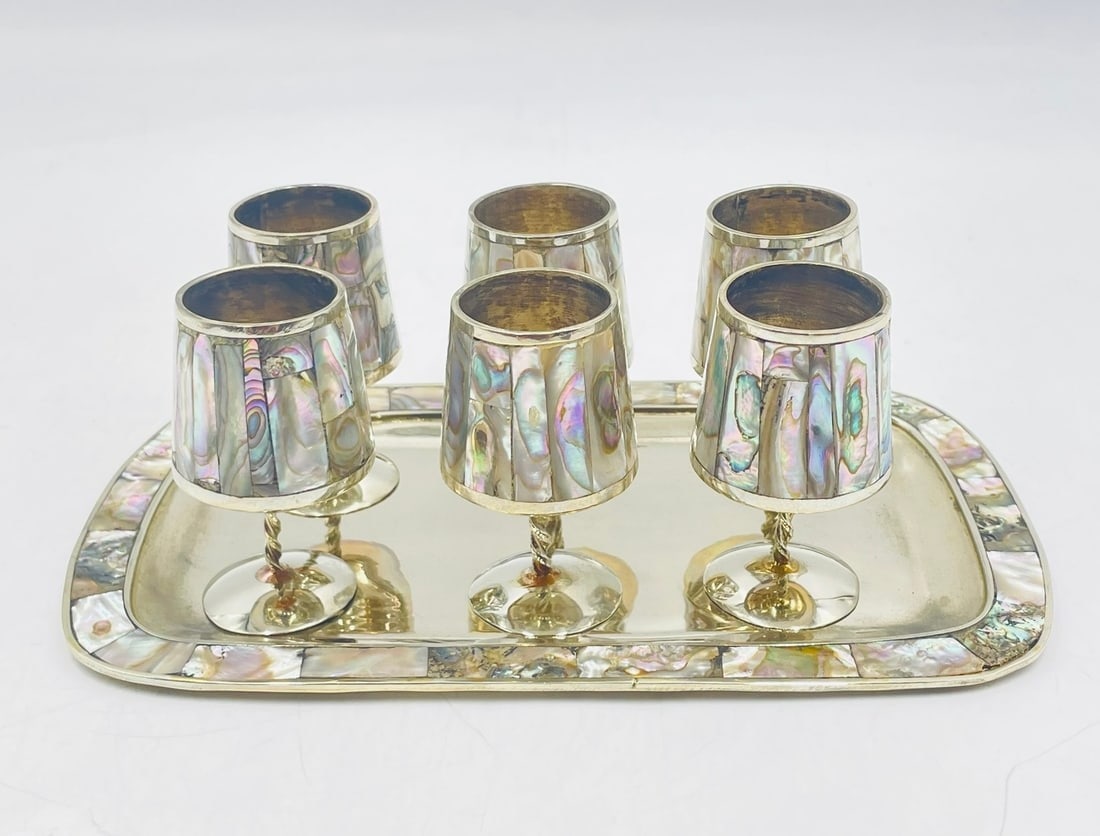 Set of Six Alpaca Silver & Abalone Cordial Cups & Tray, Mexico 1960s (1 of 7)