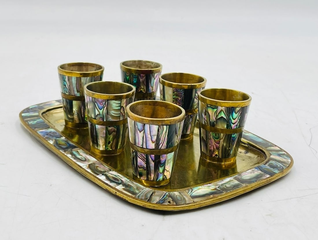 Set of 6 Brass & Abalone Shot Glasses & Tray, Signed A.C.T. Mexico (1 of 11)