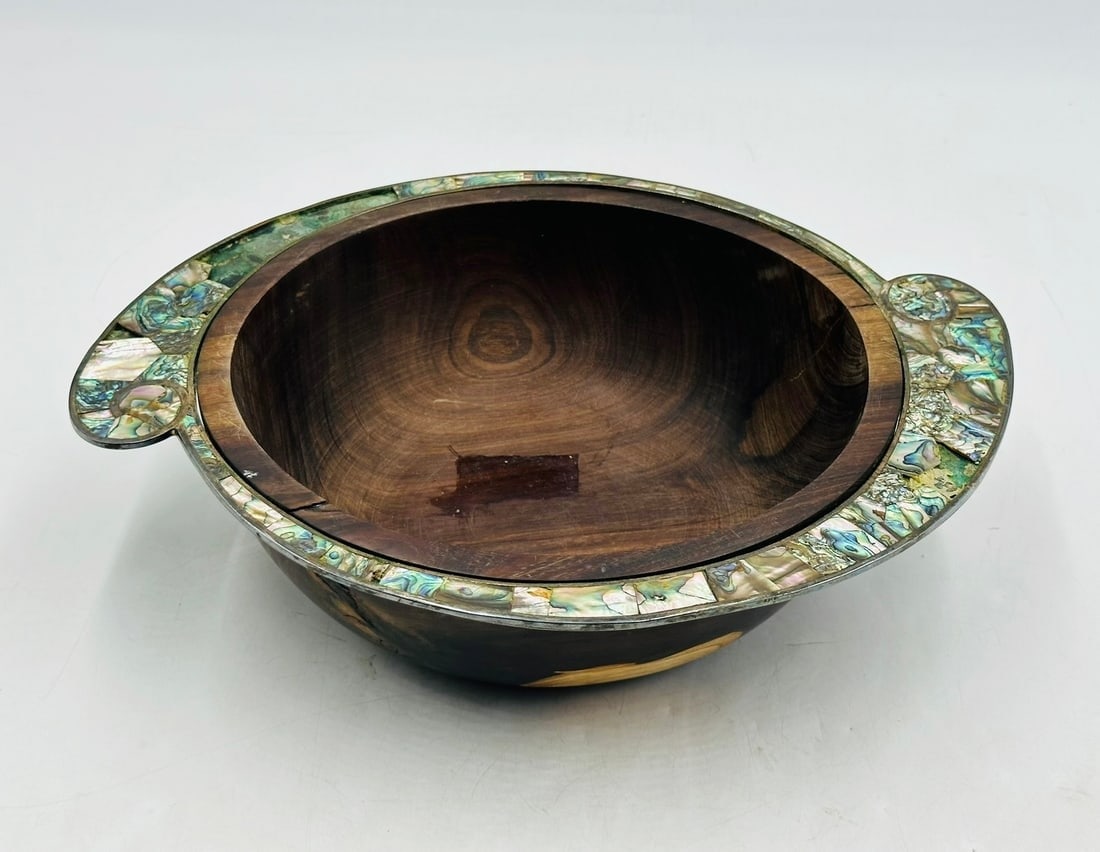 Large Salad bowl in Wood, Silver and Abalone Shell by Los Castillo, Mexico 1970's (1 of 9)