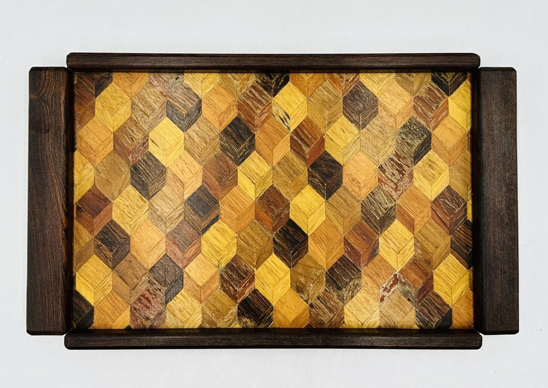 Vintage Don Shoemaker Exotic Wood Serving Tray, Mexico 1960s: Vintage and rare serving tray in a geometric pattern designed and manufactured in Morelia, Mexico by Don Shoemaker for Senal S.A.The tray is made in tropical mexican woods like cocobolo and Mexican ro