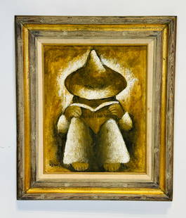 -El Lector- Mixed Media Painting by Jesus Ortiz Tajonar (Mexico 1919-1990) Signed.: Large mixed media painting by Mexican artist Jesus Ortiz Tajonar (Mexico 1919-1990).The piece depicts a person with a large hat reading a book.The piece appears to be made using newspaper for canvas/b