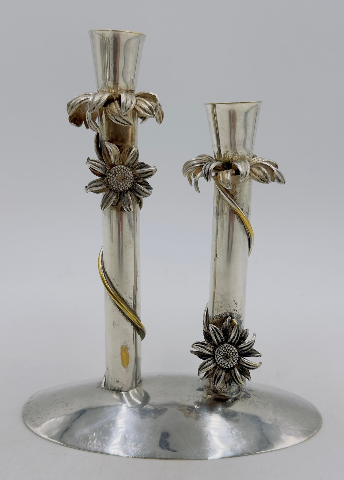 Los Castillo Sunflower Silver Candle Holders, Mexico Mid 20th Century, Signed (1 of 14)