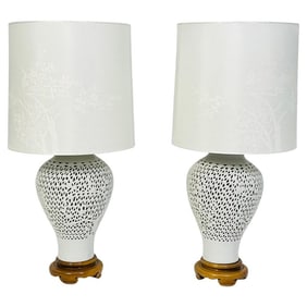 Pair of Vintage Cherry Blossom Blanc De Chine Reticulated Porcelain Table Lamps