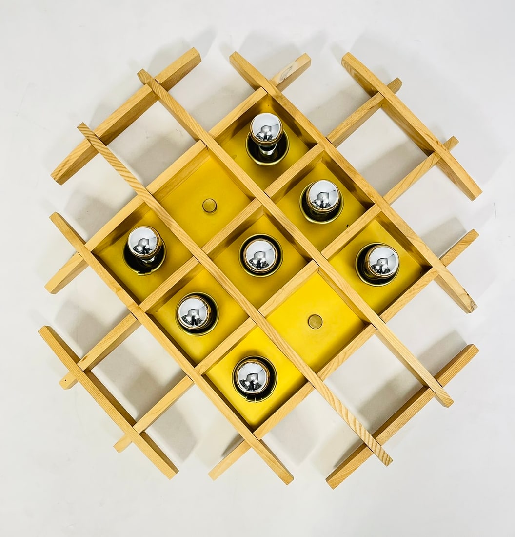 Wood & Brass Tone Ceiling Light by Angelo Brotto, Italy 1960's: Vintage wood and brass tone ceiling light designed and manufactured in Italy by Angelo Brotto.<br><br>Apparently unmarked.<br><br>Measurements: 28.25 inches wide x 28.5 deep x