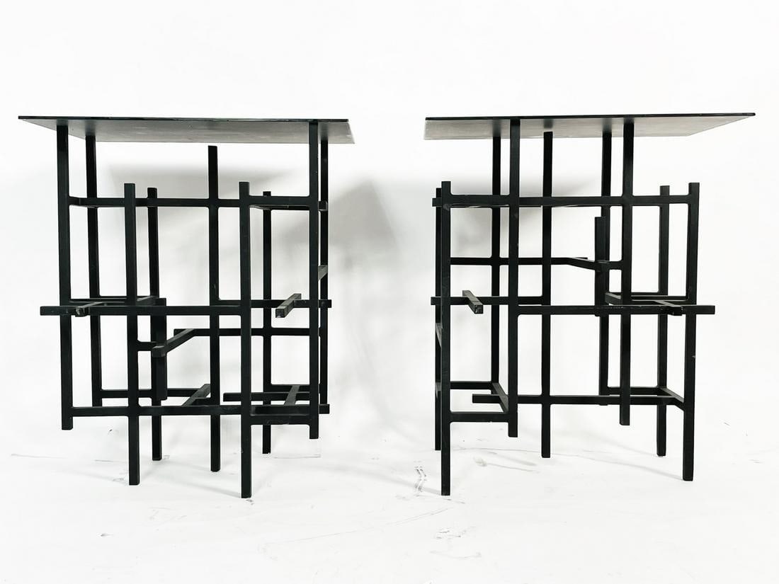 Pair of Steel & Glass End Tables or Console Table: Beautiful pair of steel and glass end/side tables that can also be used as a console table if used together. The tables have beautiful lines, the bases have an aged finish and look great. Measurements