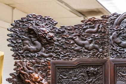 Antique Chinese Relief/Carved Screen in Solid Wood  & Jade, 135w x 105h