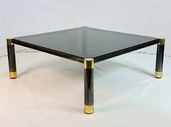 Gunmetal & Brass Round Leg Coffee Table Attb to Karl Springer, US 1980s