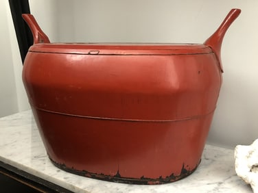 Antique Chinese Lidded Basket With Red Lacquer Finish