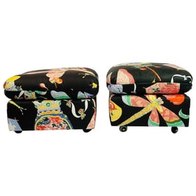 Pair of Vintage Benches Upholstered in Asian Print Fabric