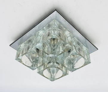 Flush Mount Chrome & Murano Glass Ceiling Light by Sciolari for Lightolier: Midcentury modern ceiling light designed by Gaetano Sciolari for Lightolier. The light features four thick translucent Murano glass cubed shades with inset bulbs attached to a close fitting chrome bac