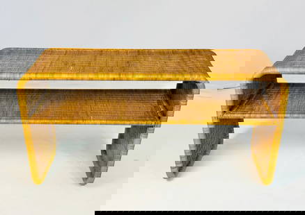 Wicker Console Table Made in the USA by Founders, Circa 1960s: Beautiful console table designed and manufactured in the USA by Founders. The table is well constructed, the frame is made out of tubular steel then covered in wicker material all around. The table ha