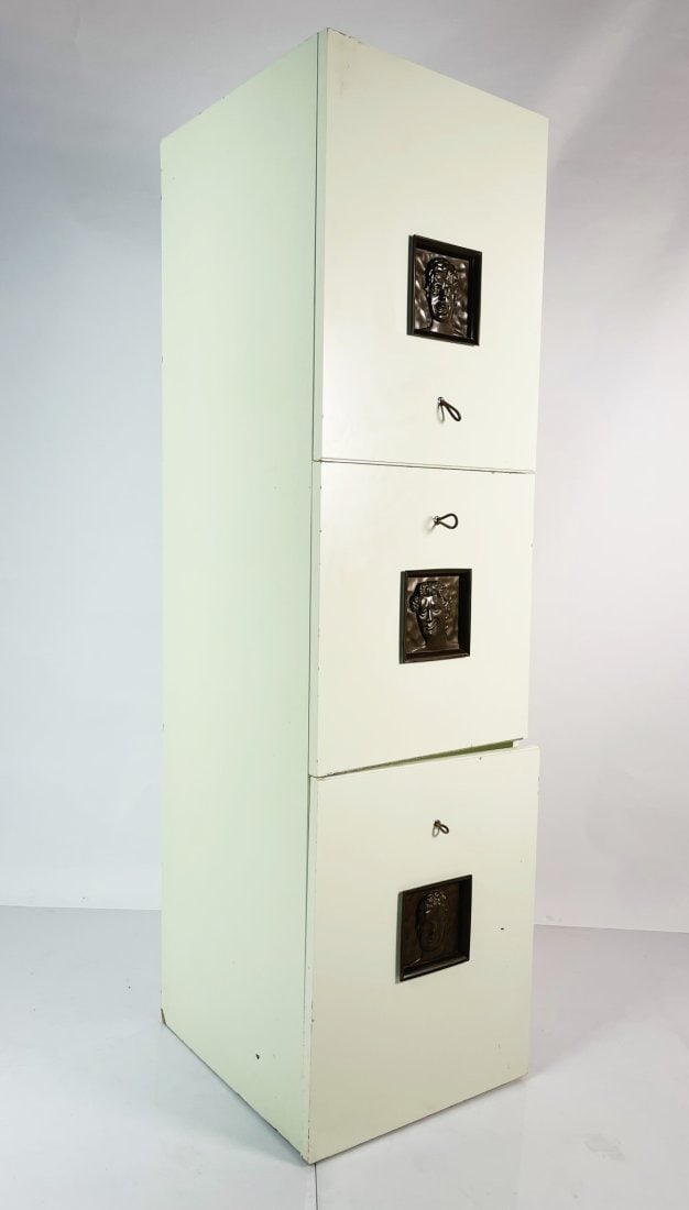 Philippe Starck Bar Cabinet from SLS Hotel in Los Angeles: Custom made bar cabinet designed by Philippe Starck for the SLS Hotel in Los Angeles. The piece has 3 compartments, one collapsible door with a mirror insert , shelves and a space for a personal fridg